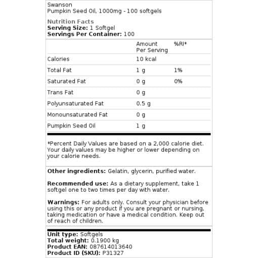 Swanson - Kürbiskernöl, 1000 mg - 100 Weichkapseln – Bild 2