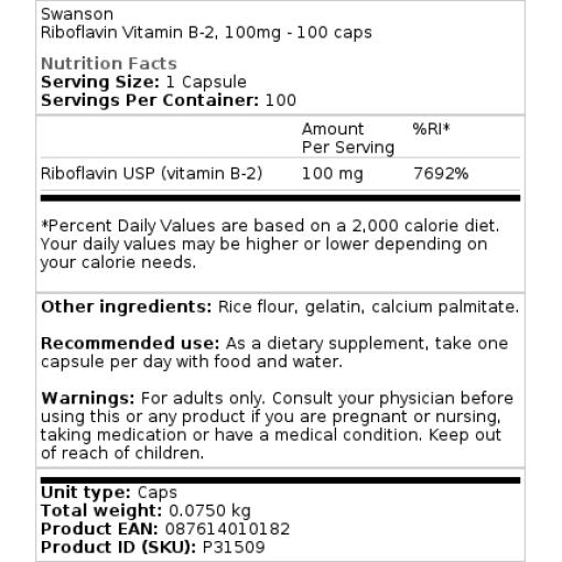 Swanson - Riboflavin Vitamin B2, 100 mg - 100 Kapseln – Bild 2