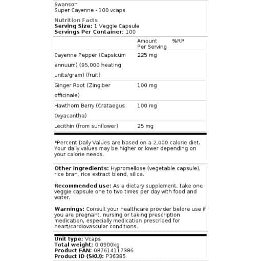 Swanson - Super Cayenne - 100 vegetarische Kapseln – Bild 2