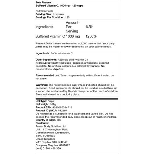 Zein Pharma - Gepuffertes Vitamin C, 1000 mg - 120 Kapseln – Bild 2