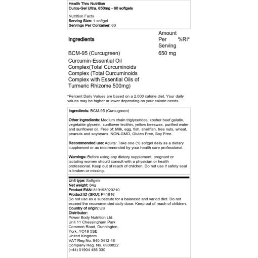 Health Thru Nutrition - Curcu-Gel Ultra, 650mg - 60 Weichkapseln – Bild 2