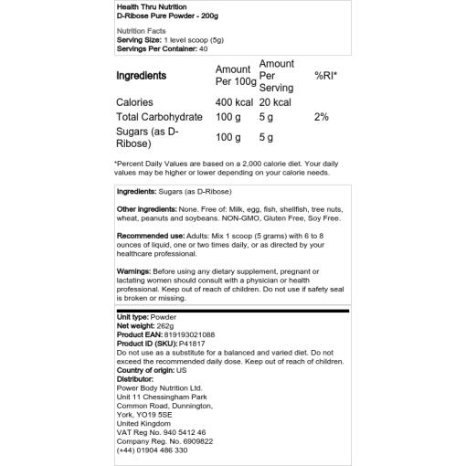 Health Thru Nutrition - D-Ribose Pulver - 200g – Bild 2