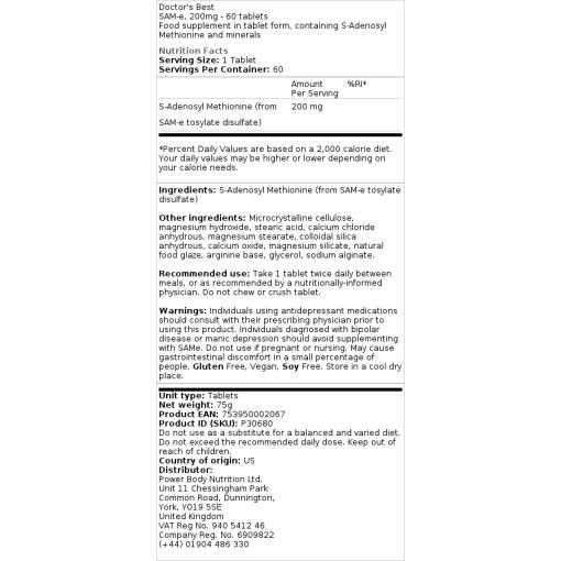Doctor's Best - SAM-e, 400 mg doppelte Stärke - 30 Tabletten – Bild 2
