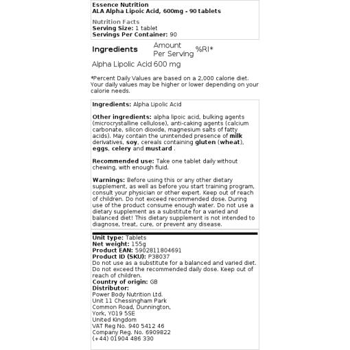 Essence Nutrition - ALA Alpha-Liponsäure, 600 mg - 90 Tabletten – Bild 2