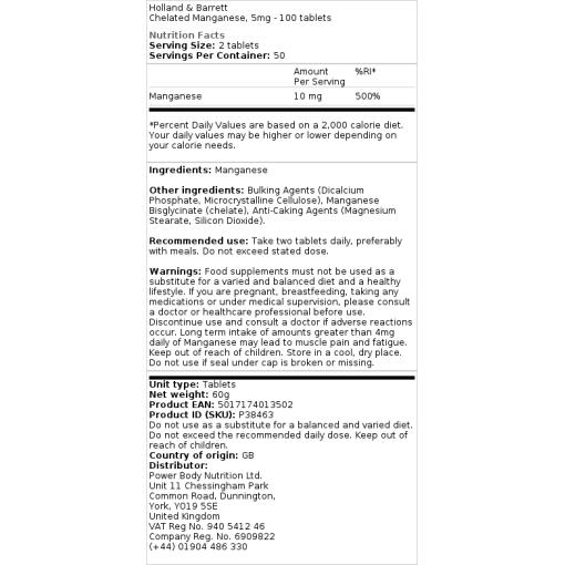Holland & Barrett - Cheliertes Mangan, 5mg - 100 Tabletten – Bild 2