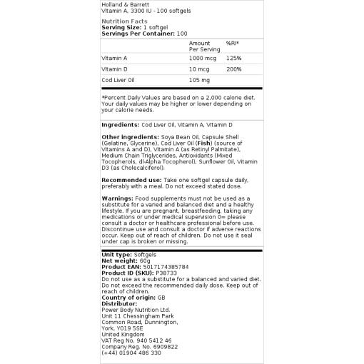 Holland & Barrett - Vitamin A, 3300 IE - 100 Weichkapseln – Bild 2