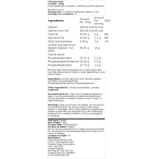Life Extension - Lecithin - 454g – Bild 2