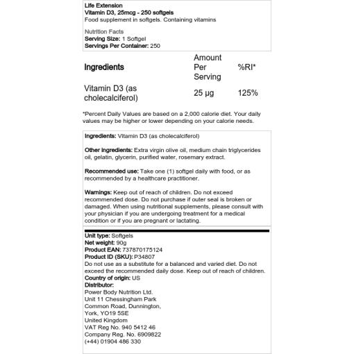 Life Extension - Vitamin D3, 1000 IE - 250 Weichkapseln – Bild 2
