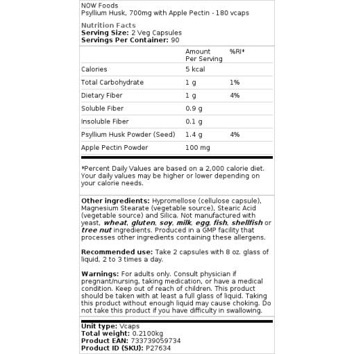 NOW Foods - Psylliumschalen mit Apfelpektin, 700 mg - 180 Kapseln – Bild 2