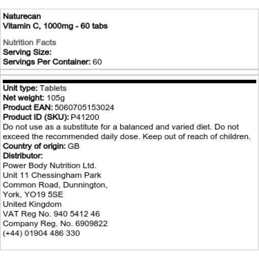 Naturecan - Vitamin C, 1000 mg - 60 Tabletten – Bild 2