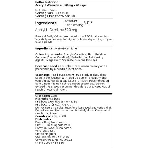 Reflex Nutrition - Acetyl-L-Carnitin, 500 mg - 90 Kapseln – Bild 2