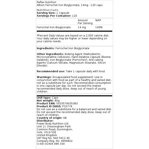 Reflex Nutrition - Albion Ferrochel Eisenbisglycinat, 14 mg - 120 Kapseln – Bild 2