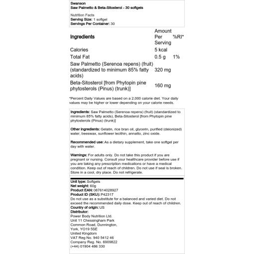 Swanson - Sägepalme & Beta-Sitosterol - 30 Weichkapseln – Bild 2