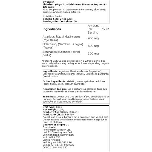 Swanson - Holunder/Agaricus/Echinacea (Immunabwehr) - 120 Kapseln – Bild 2