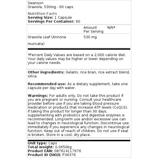 Swanson - Graviola, 530 mg - 60 Kapseln – Bild 2