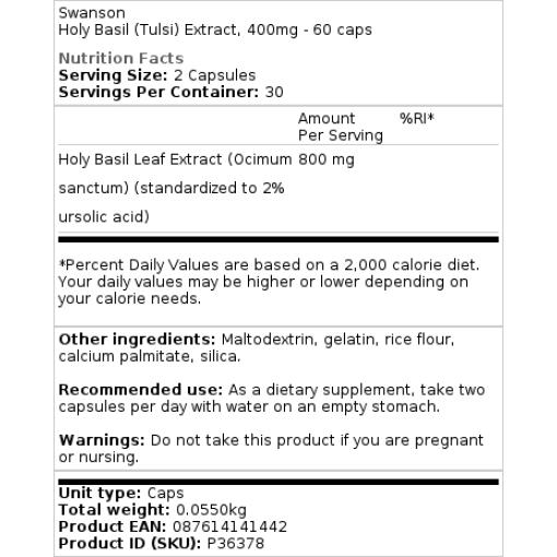 Swanson - Heiliger Basilikum Extrakt, 400 mg - 60 Kapseln – Bild 2