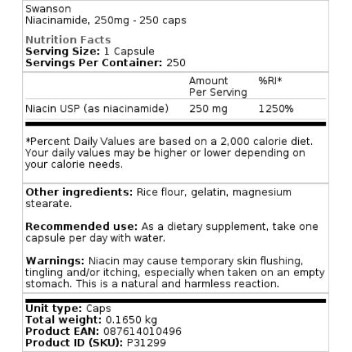 Swanson - Niacinamid, 250 mg - 250 Kapseln – Bild 2