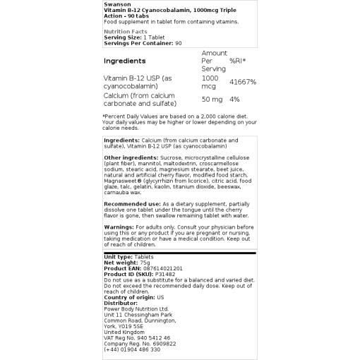 Swanson - Vitamin B-12 Cyanocobalamin, 1000 mcg Dreifachwirkung - 90 Tabletten – Bild 2