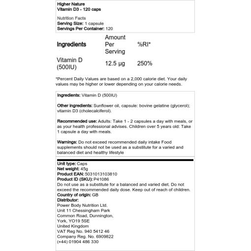 Higher Nature - Vitamin D3 - 120 Kapseln – Bild 2