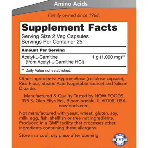 Acetyl-L-Carnitine 500 mg – NOW Foods | 50 Veg Capsules - Image 2