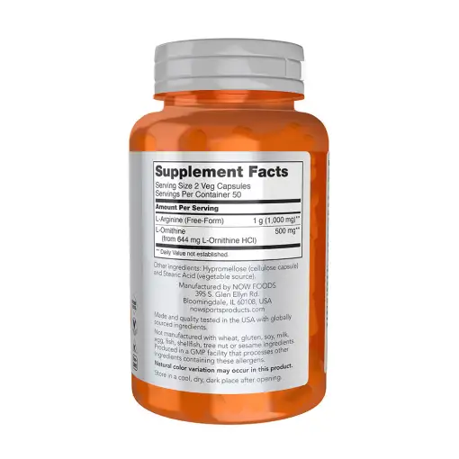 Arginine & Ornithine 500/250 mg – NOW Foods | 100 Veg Capsules - immagine 2