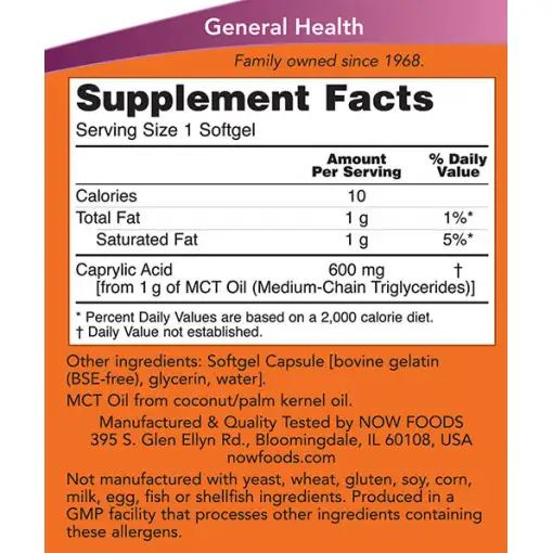 Caprylic Acid 600 mg – NOW Foods | 100 Softgels - Image 2