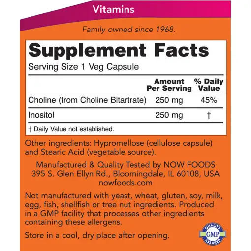 Choline & Inositol 500 mg – NOW Foods | 100 Veg Capsules – Image 2