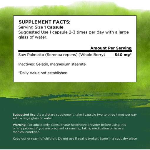 Swanson – Saw Palmetto 540mg – 250 Vegan Caps – Image 2
