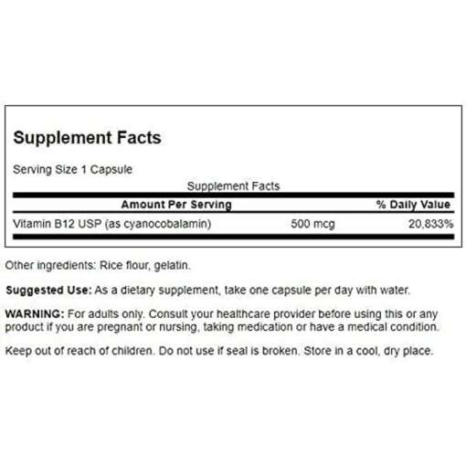 Vitamin B12 500mcg – Swanson – 100 Caps – Image 3